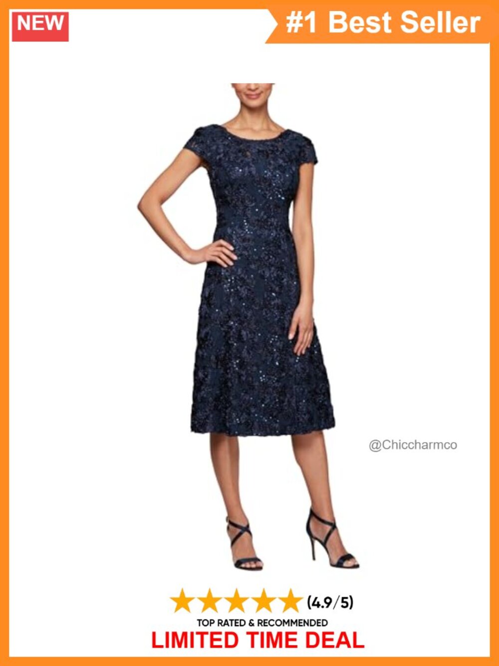 Alex Evenings A-Line Tea Length Rosette Dress Scoop Neck Cap Sleeve